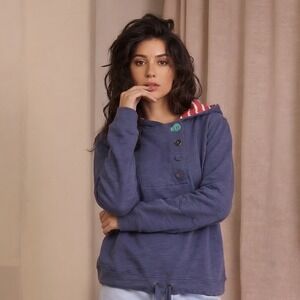 Joules Lifestyle Womens Blue Slub Knit Hoodie Button Neck Striped Lining Size 10